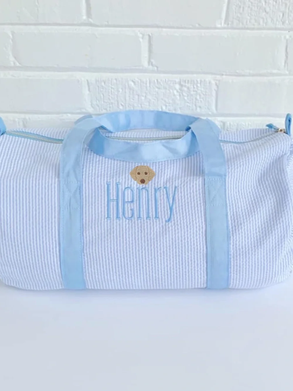 Henry Light Blue Seersucker Duffle Bag with mini puppy motif